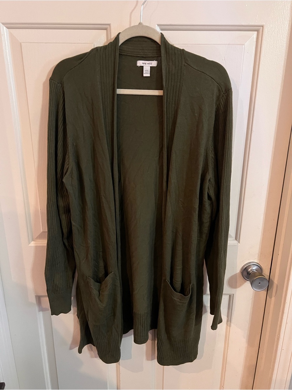 Nine West Dark Olive Open-Front Long Cardigan